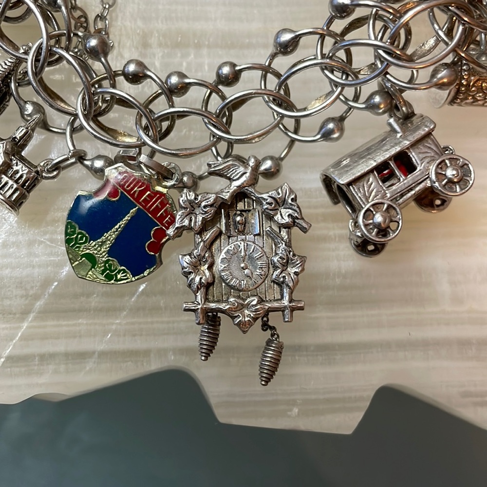 Vintage JB Sterling Silver Interwoven Link Bracelet with 14 European Charms 54g - Picture 10 of 17